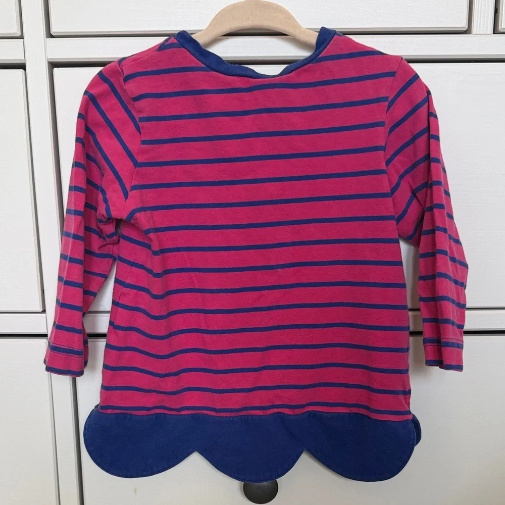 Florence Eiseman Pink & Navy Striped Long Sleeve Top with Heart and Flower Hem
